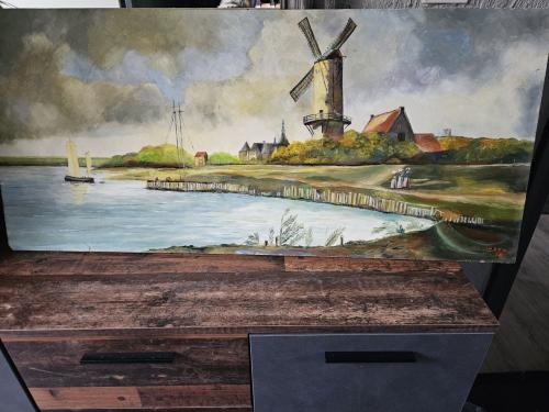 Olieverfschilderij: Hollandse Molen aan het Water