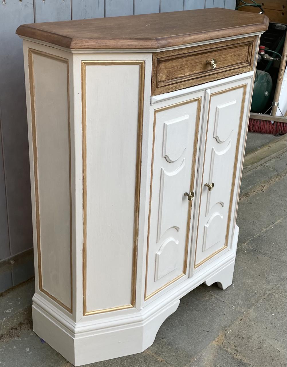 Prachtig brocante hal-kastje / dressoir - crème wit met goud & eikenhout