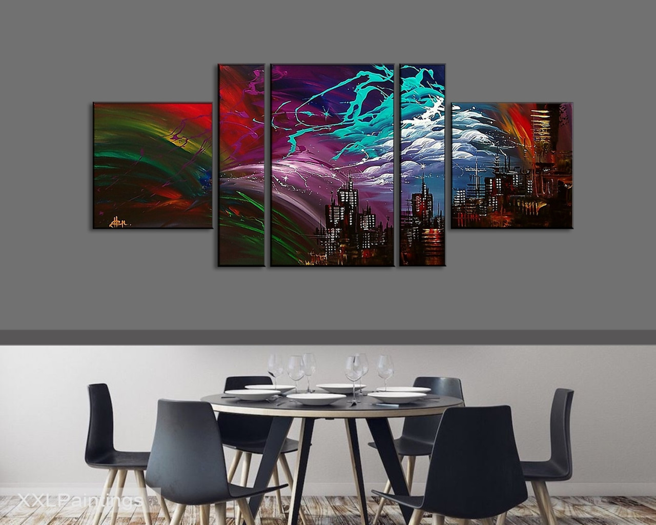 ... City Talk ... Prachtig Acryl 5 luik van Gia Hung 190 cm x 80 cm