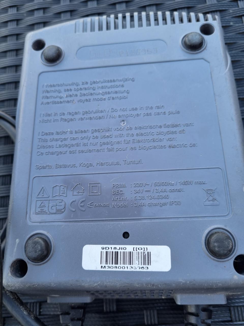 Acculader elektrische fiets Koga, Sparta, Batavus 3-pins-34V