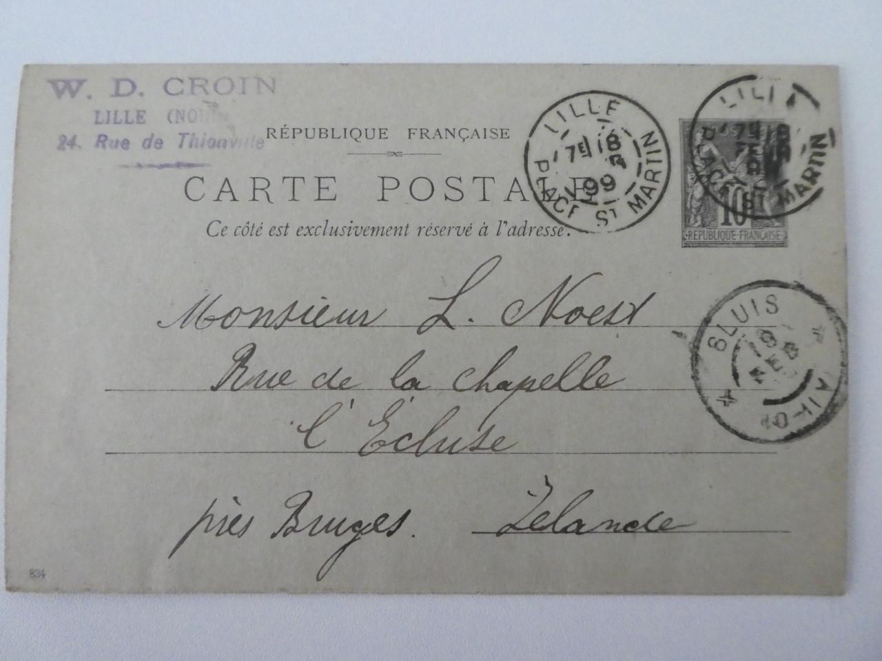 Briefkaart, Carte Postale – 1899 – Frankrijk naar Sluis