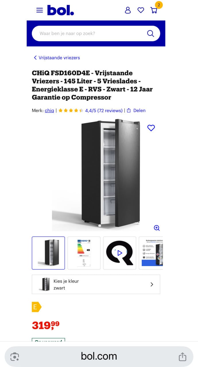 Nieuwe Vriezer 145 Liter 5 laden Energieklasse E - RVS Zwart 125x55 cm.