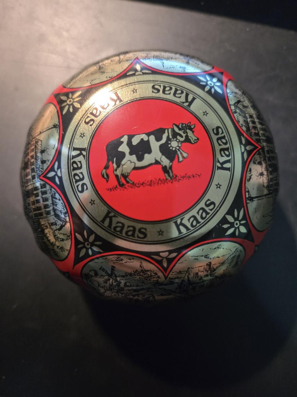 Decoratief, rond blik voor Hollandse kaas  Leeg.  Ø8.5 cm