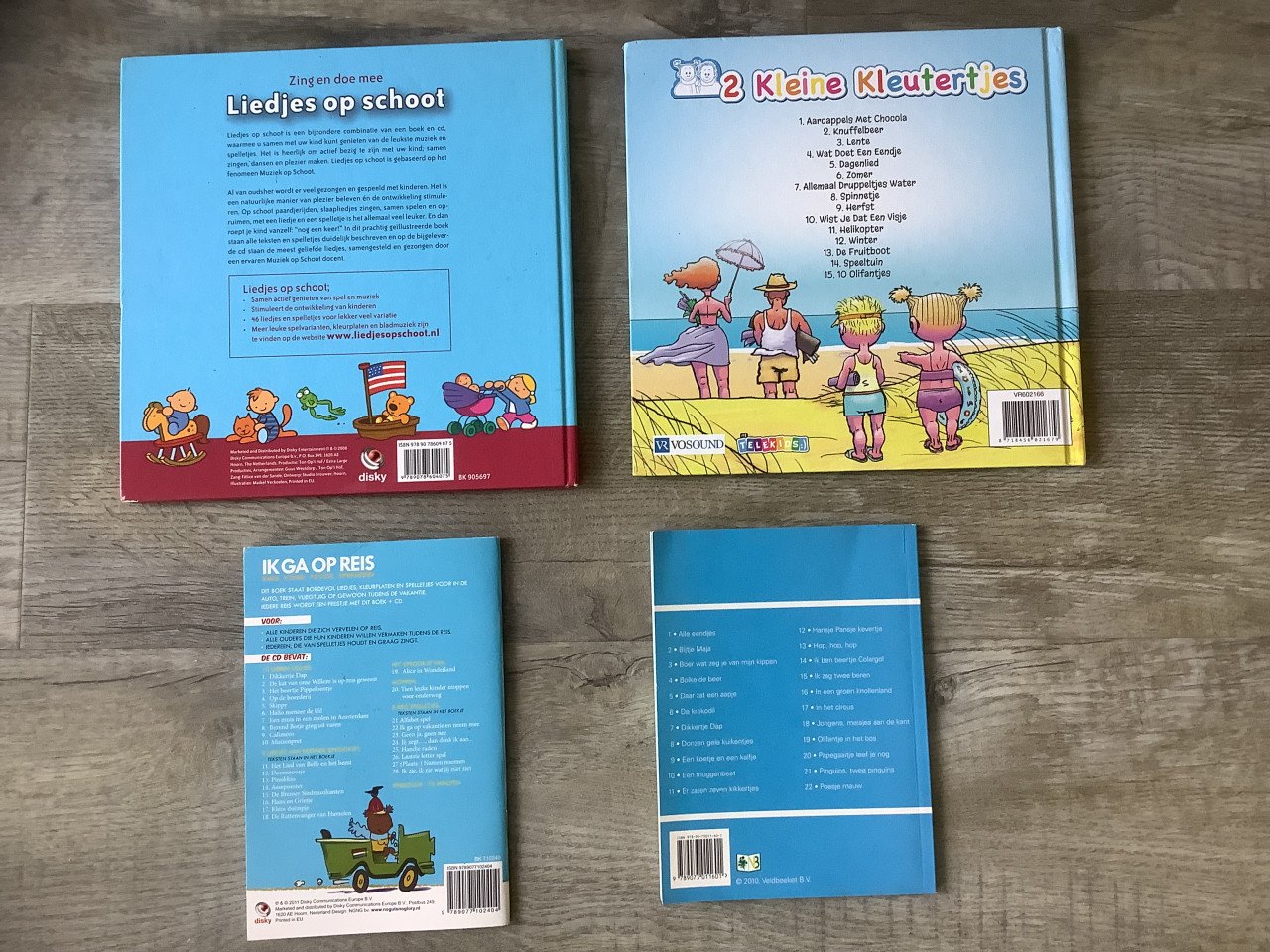 4 Kinderboeken met CD ‘s, Liedjes op schoot, kleutertjes, dieren, op reis