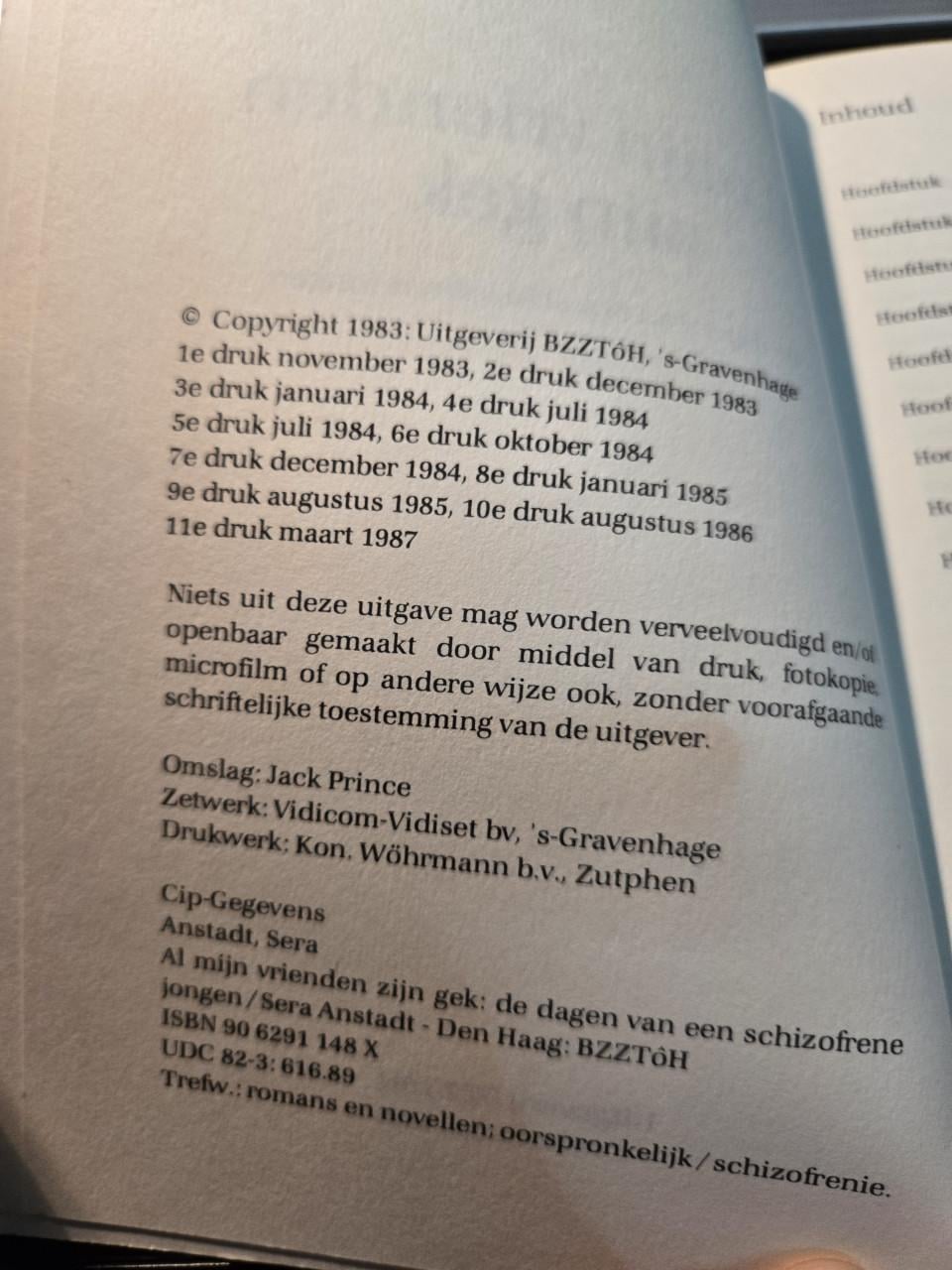 Boek, 'Al mijn vrienden zijn gek',  door Sera Anstadt,  11e druk uit 1987