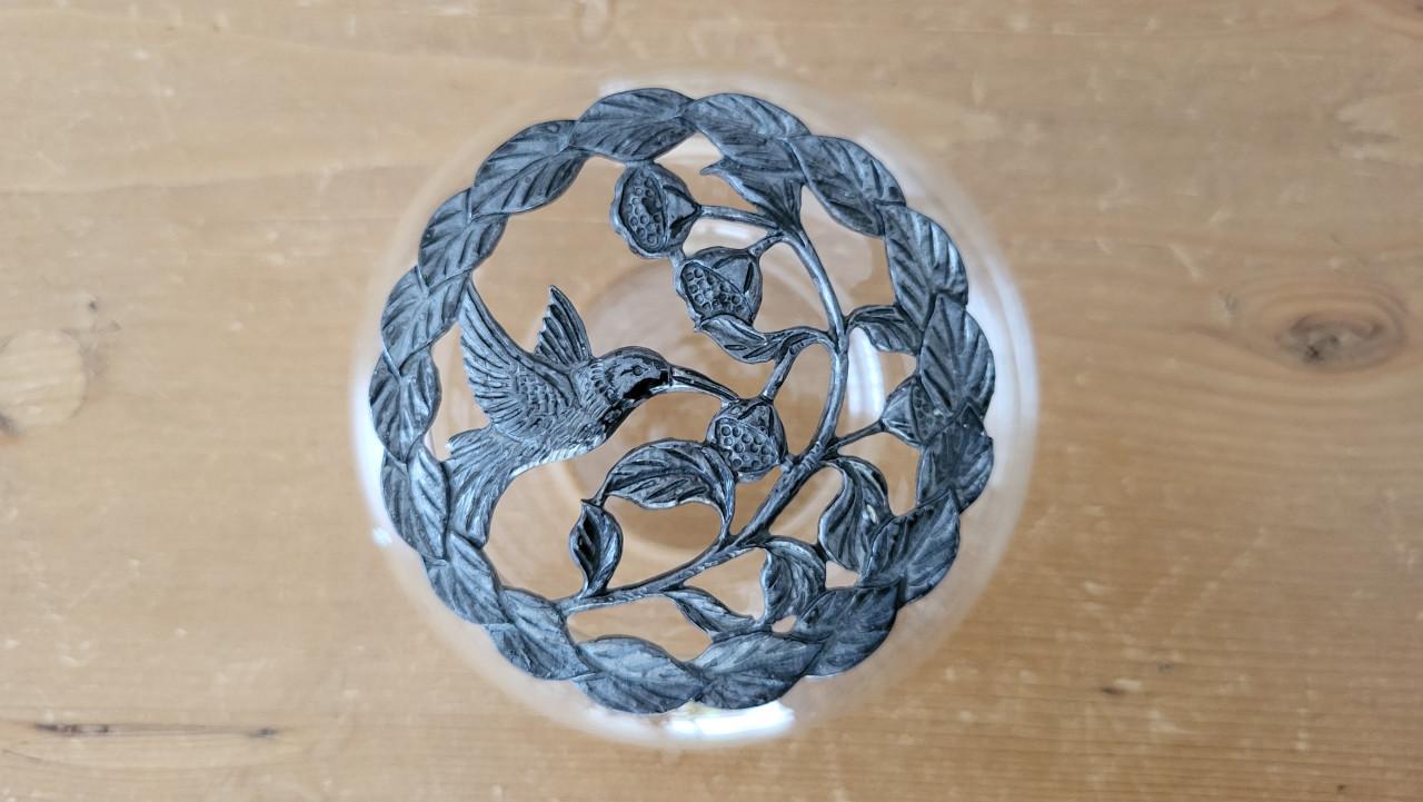 Vintage potpourri schaaltje glas / tin kolibrie
