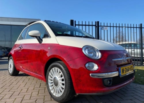 Te koop: Fiat 500 1.2 C 2008 rood gemarmerd/wit. Heel speciaal en uniek!