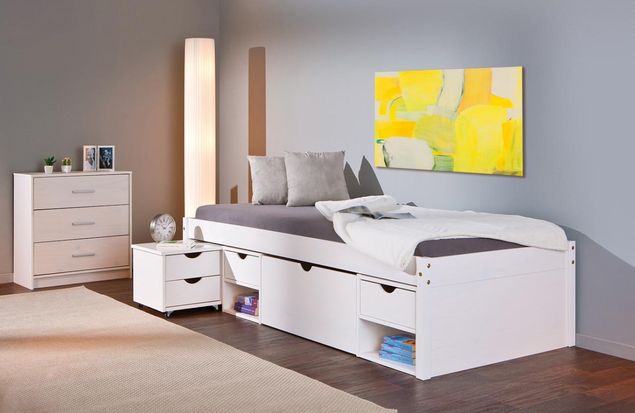Kinderbed in Wit grenen massief hout 90 x 200 cm. 3 lades