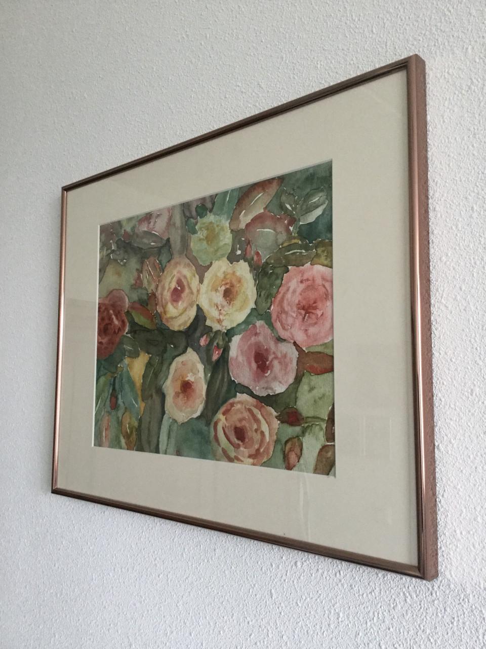 Mooi echt schilderij in mooie rose-kleurige lijst met echt glas ervoor