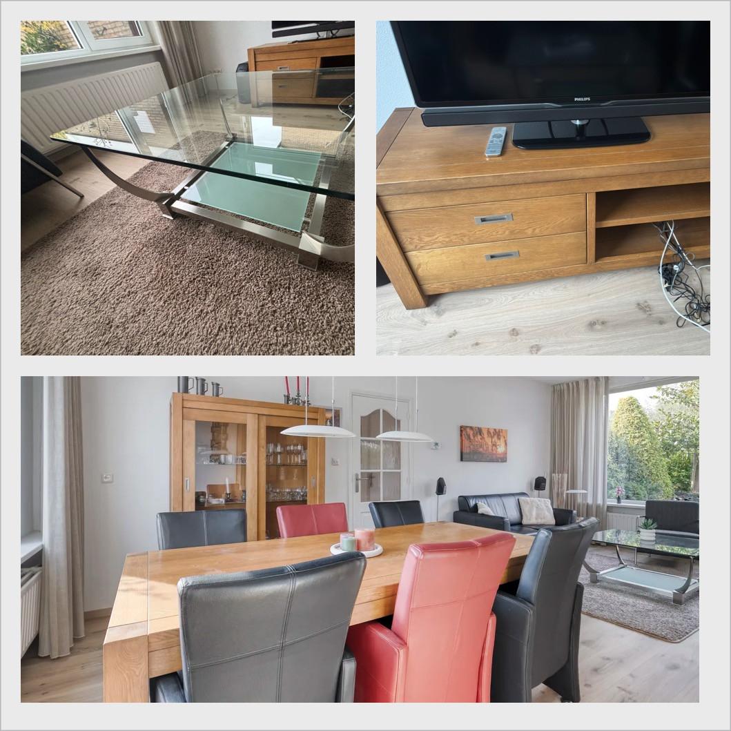 Inboedel: bank salontafel tv-meubel kast vitrinekast eettafel en stoelen