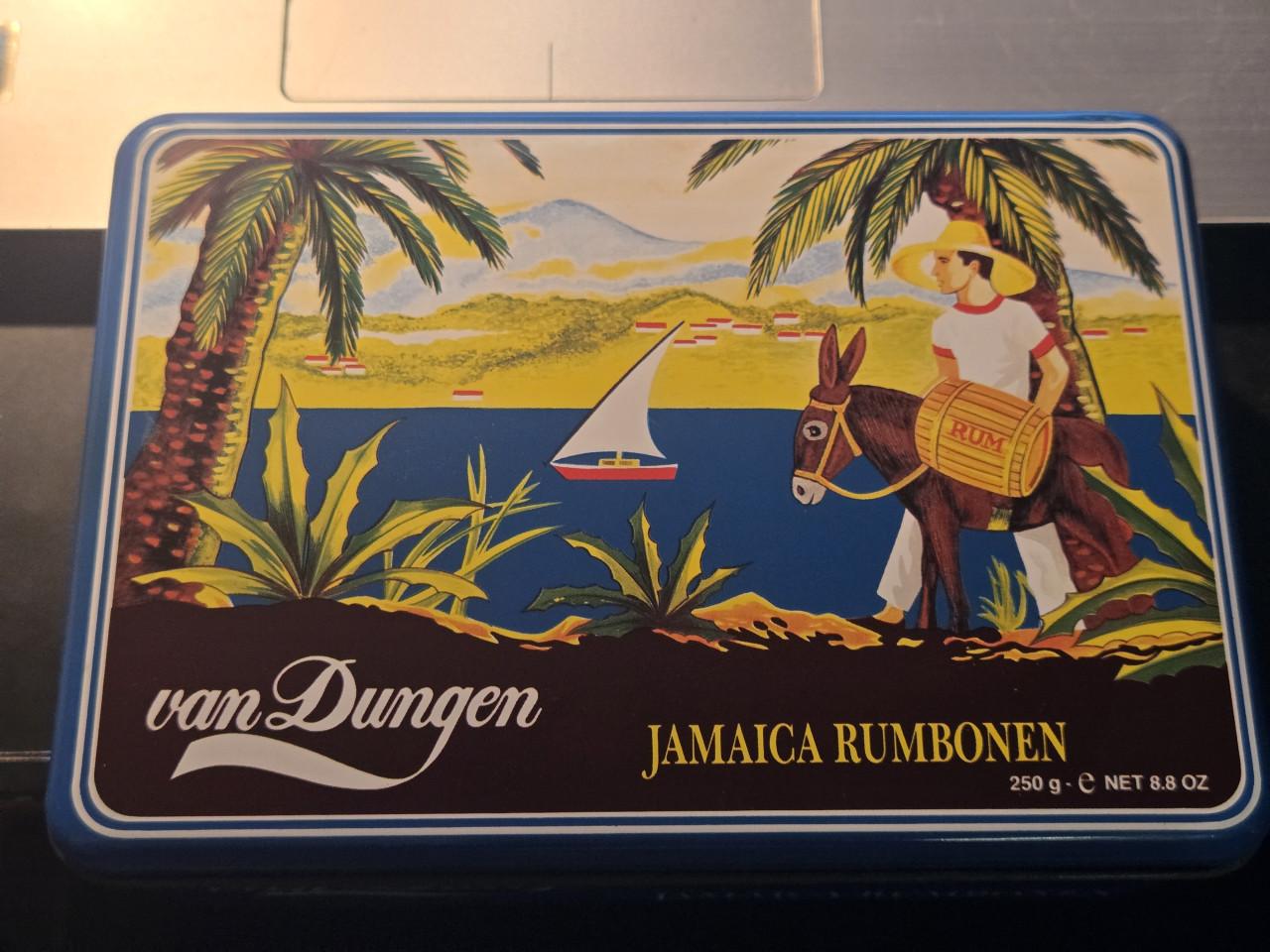 Vintage van Dungen Jamaica rumbonen blik vroege jaren '90, 18x12x6.5cm