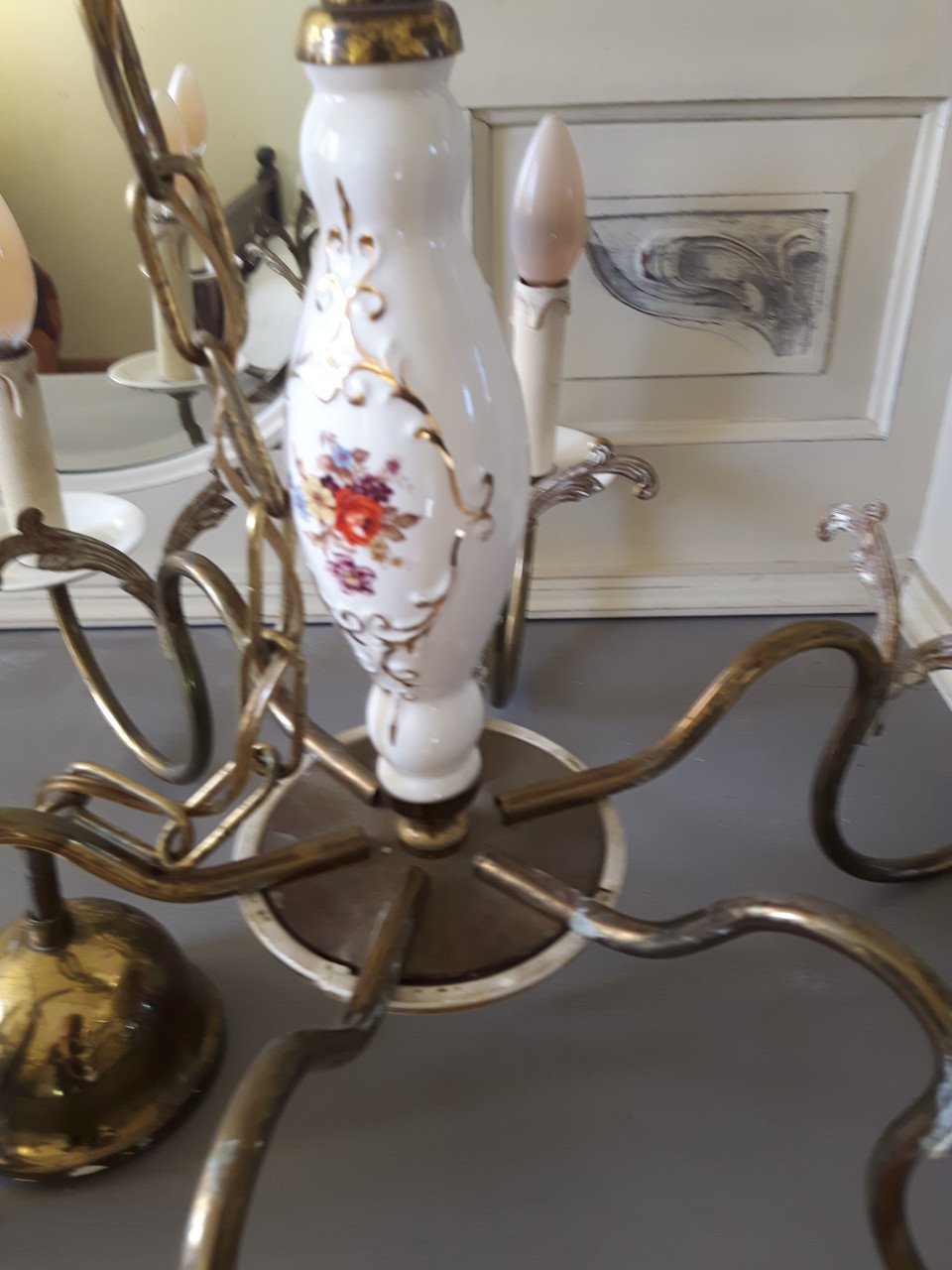 Brocante Engels porseleinen kroonluchter met roosjes