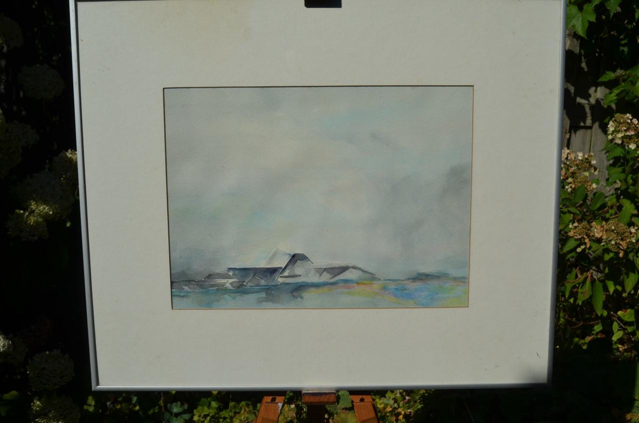 Fraaie aquarel gestileerd landschap/boerderij ipst.