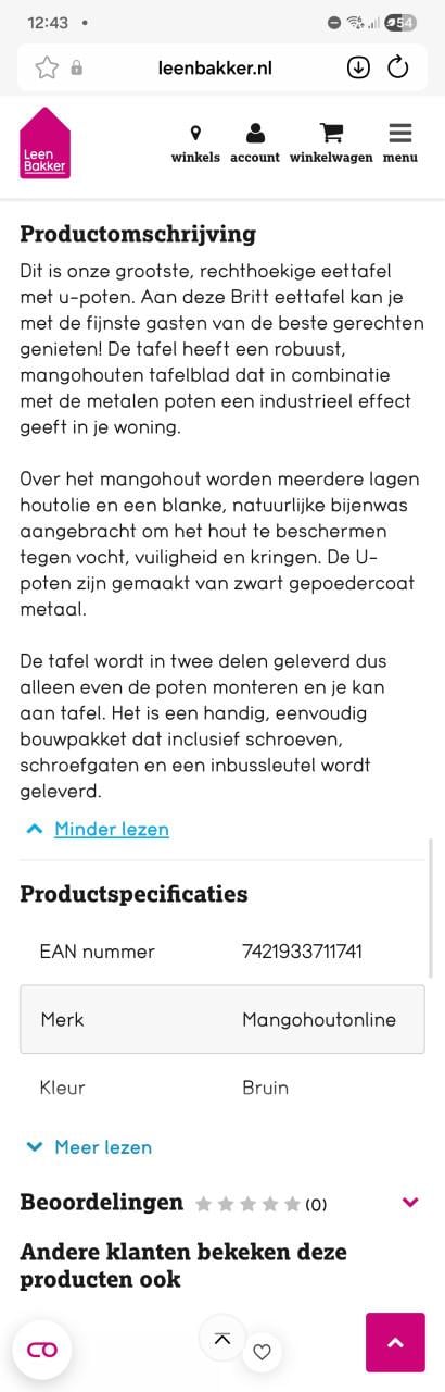 Eettafel inclusief 6 stoelen.