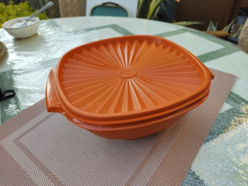 Nette Tupperware-schaal met zonnedeksel. Drs. 21 cm.