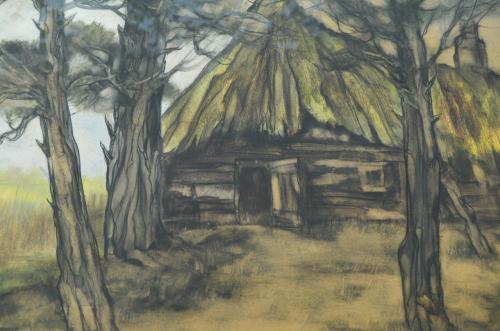 Grote aquarel Fred Slips boerenwoning in een dennenbos