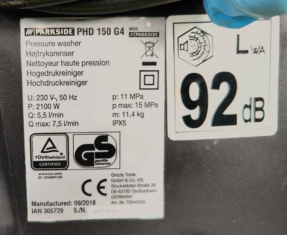 Hogedrukreiniger PARKSIDE PHD150 G4 150 bar met drukpistool sproeiers