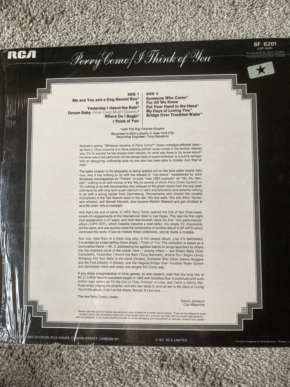 Vinyl LP Perry Como I think of you.