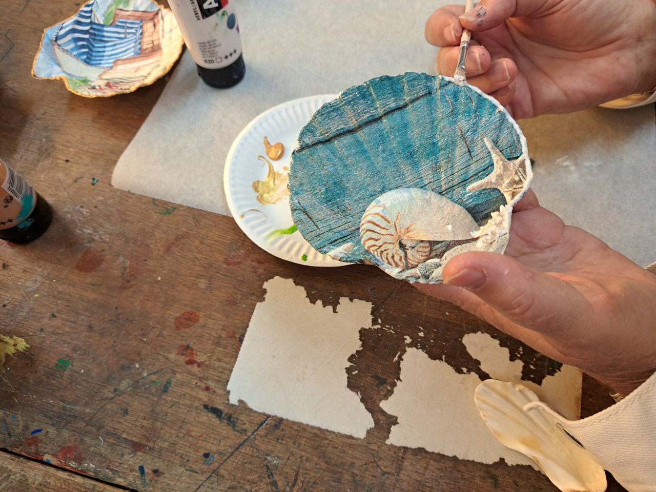 Workshop Decoupage combi oesterschelpen en Sint-Jacobsschelpen 22 augustus