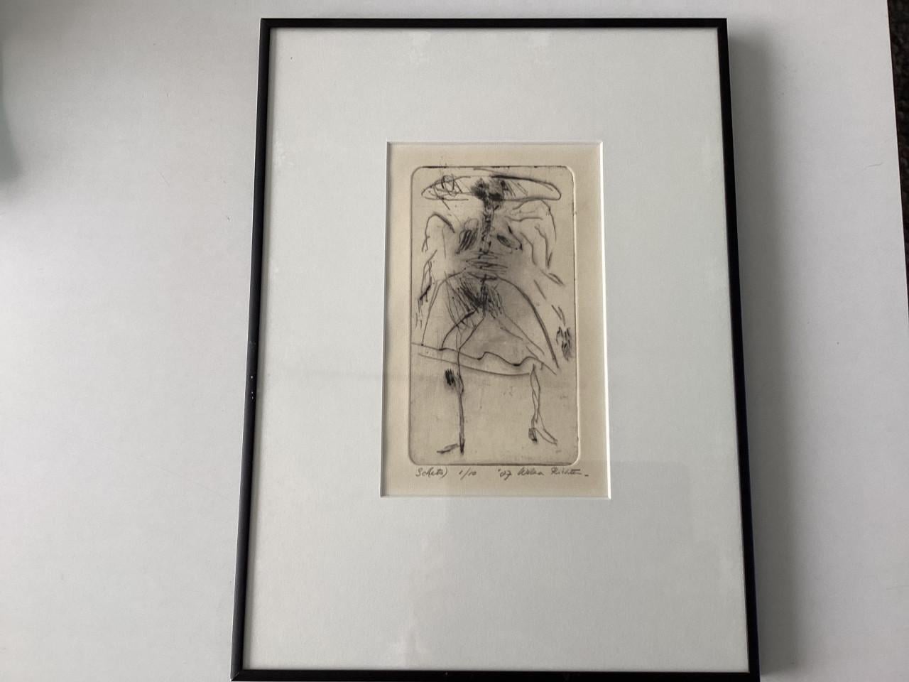 Sch(ets) 1/10.    1987.    Wilma Richten.    Zwarte lijst.  Afm.: 26x36 cm.