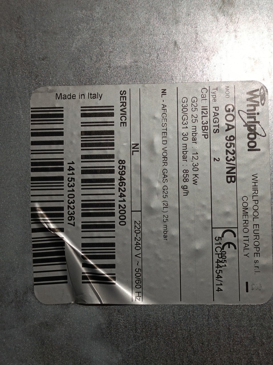 Whirlpool Gaskookplaat GOA9523NB