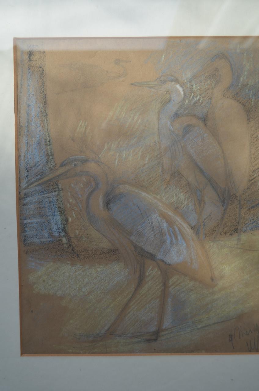 Leuke pastel '4 reigers' gesign. gedat. goede staat