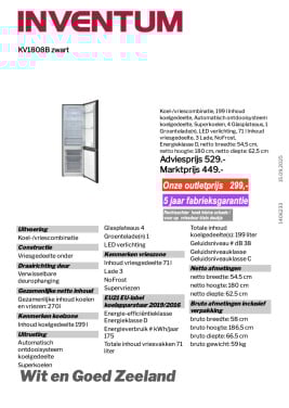 Koelvries combinatie-Inventum NO FROST - 5 jr garantie (Outlet/nieuw)