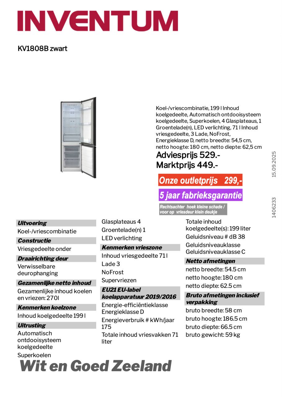 Koelvries combinatie-Inventum NO FROST - 5 jr garantie (Outlet/nieuw)