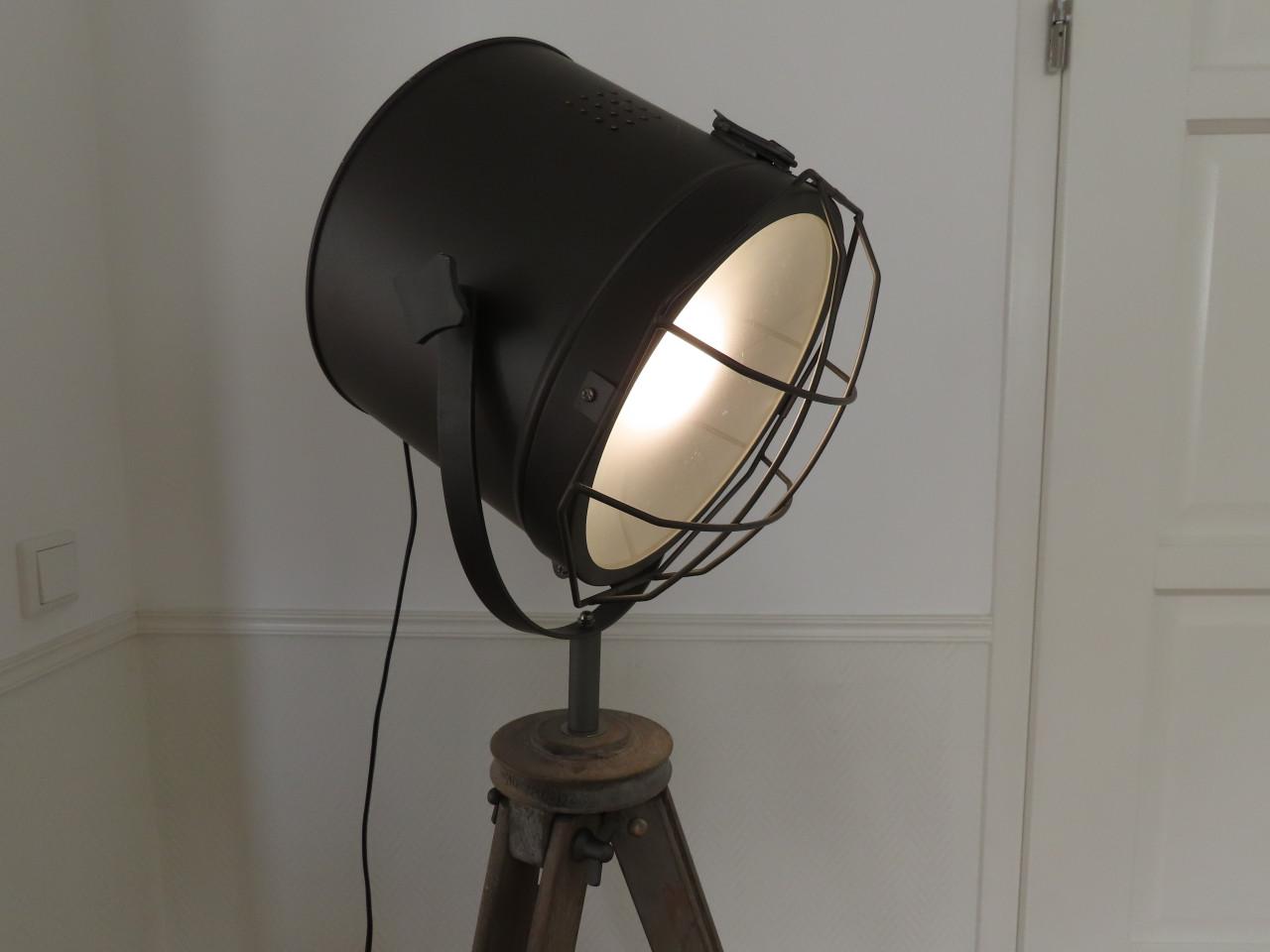 Industriële driepoot vloerlamp, hout/metaal