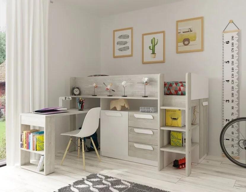 Halfhoogslaper Yolo wit/grijs eiken met bureau & kast, incl. matras