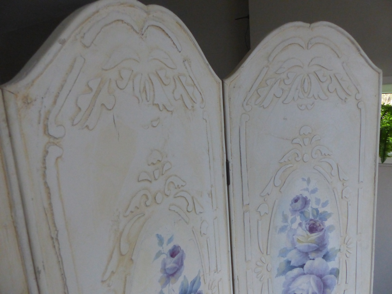 Kamesscherm brokant roomdivider bloemen geschilderd hout zwaar 40(3x)x180