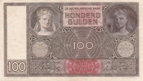 Biljet Nederland 100 Gulden 1942 Luitspelende Vrouw