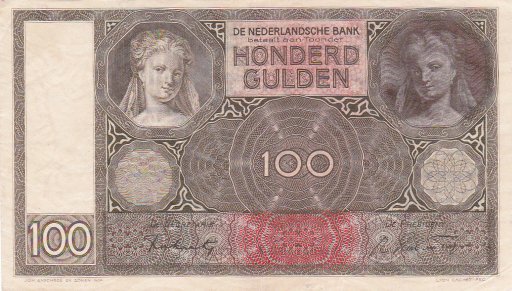 Biljet Nederland 100 Gulden 1942 Luitspelende Vrouw