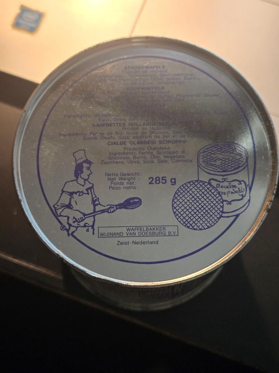 Vintage koekblik voor Goudse stroopwafels  H 11.5 cm Ø 9 cm