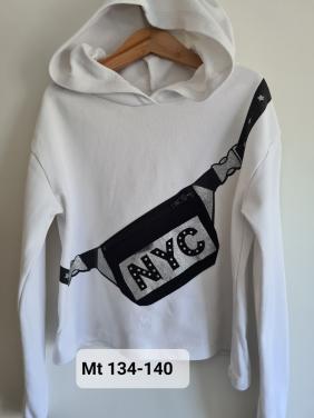 Witte hoodie met capuchon en afbeelding van tasje met glitters mt 134-140