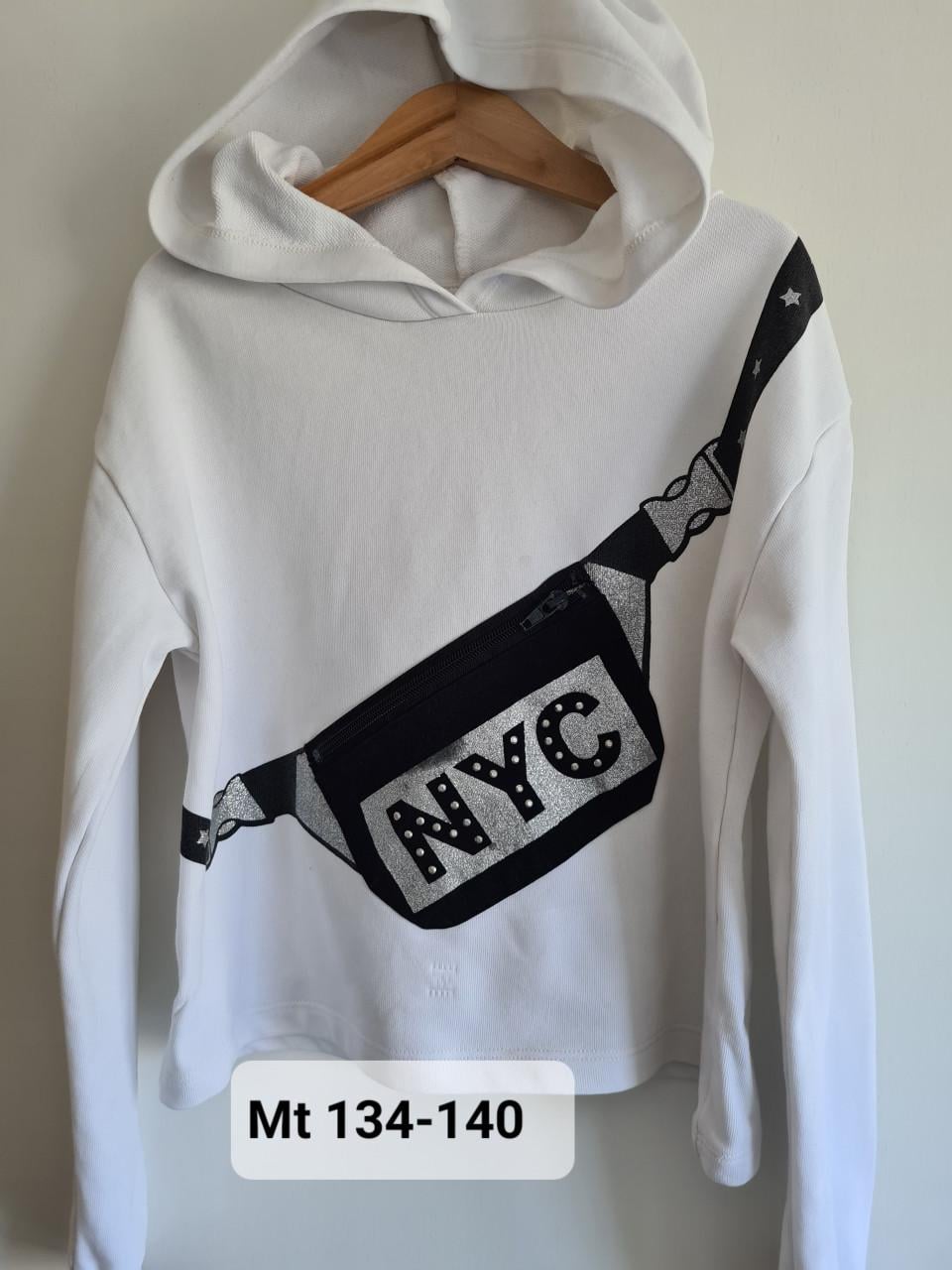 Witte hoodie met capuchon en afbeelding van tasje met glitters mt 134-140