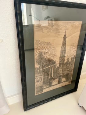 Kunstwerk tekening in inkt Westertoren Amsterdam