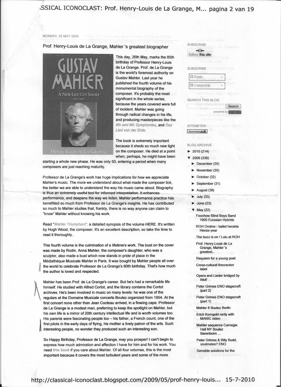 MAHLER – Henry-Louis de la Grange, de biograaf van..