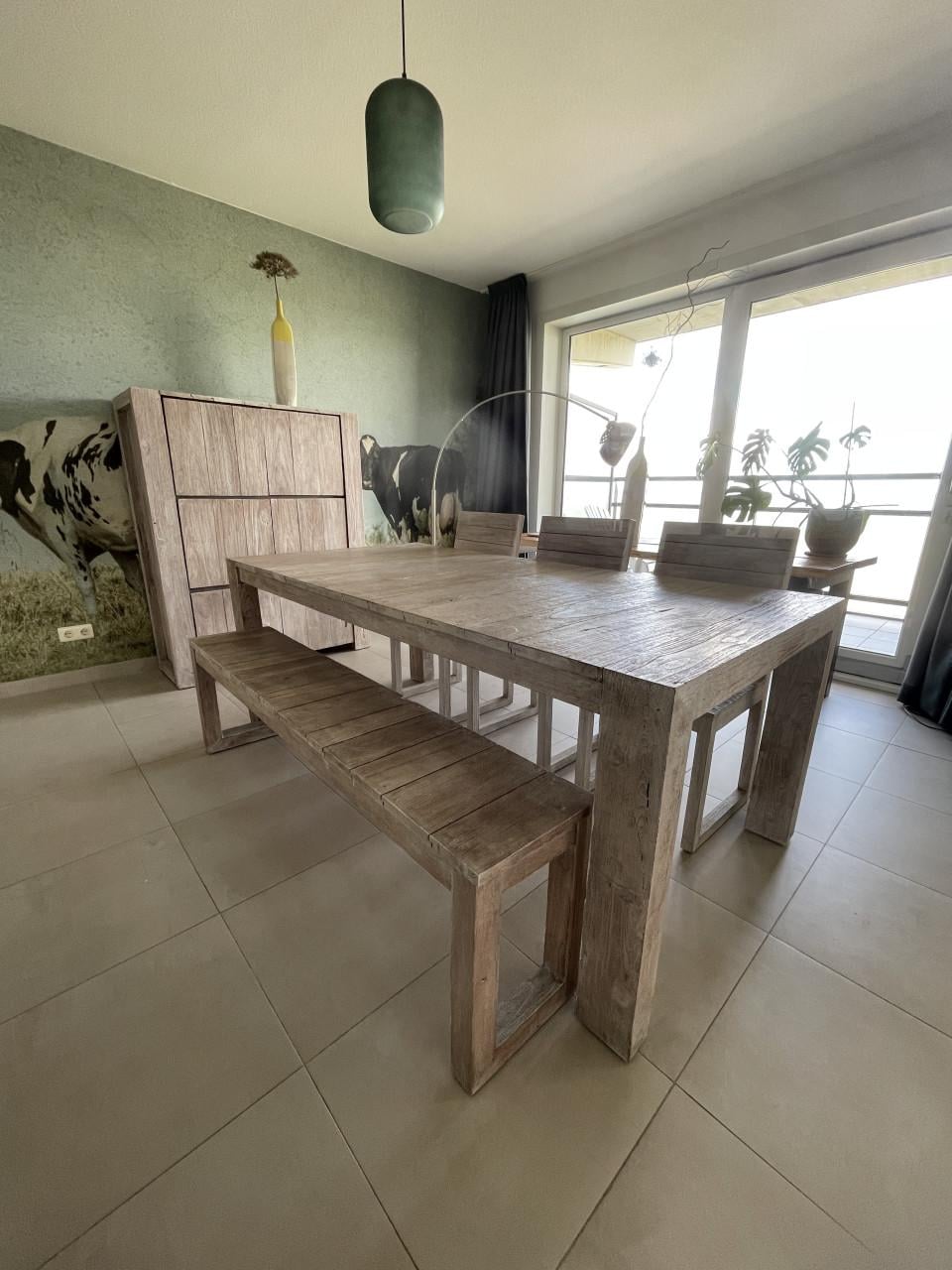Eetkamer set massief gerecycleerd teak – modern landelijk – whitewash