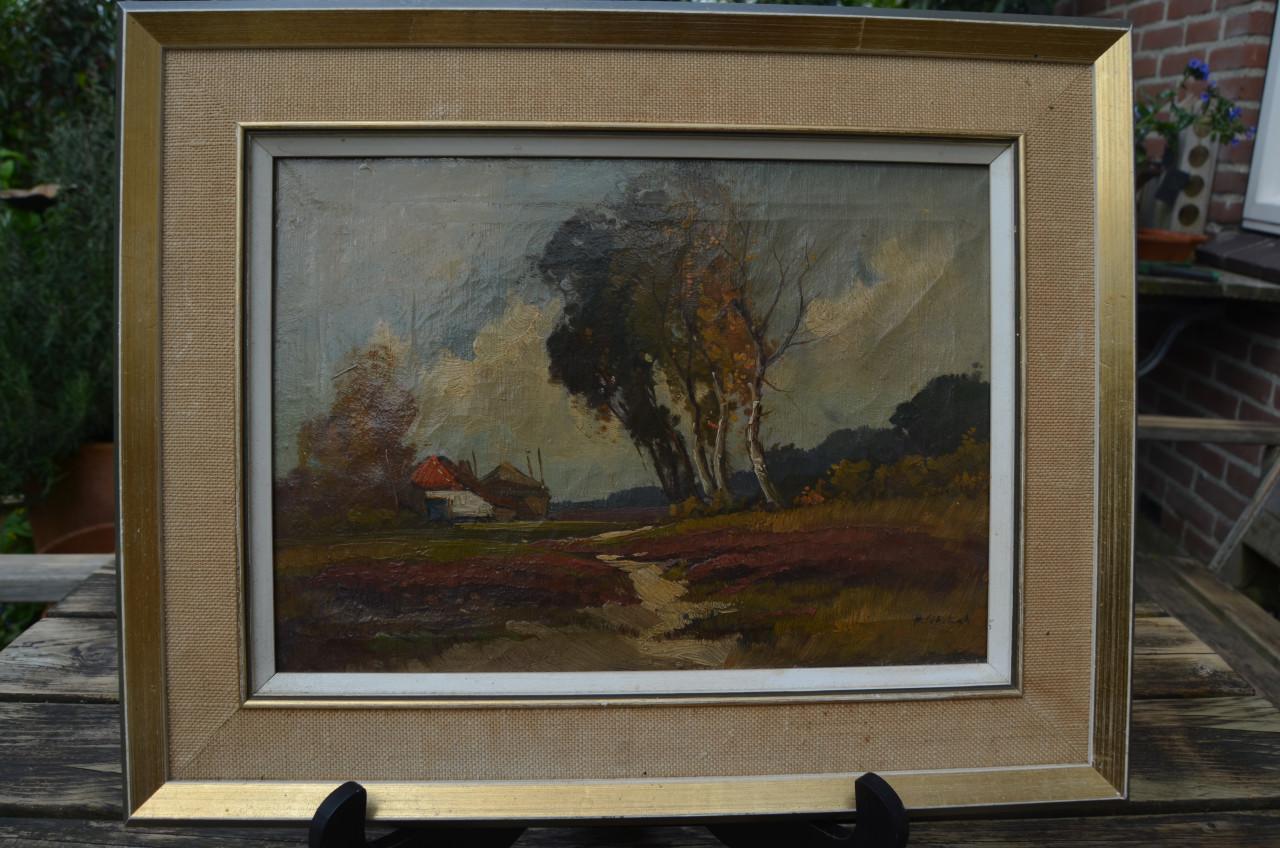 Olie op doek boerderijtje in landschap 19e eeuws.