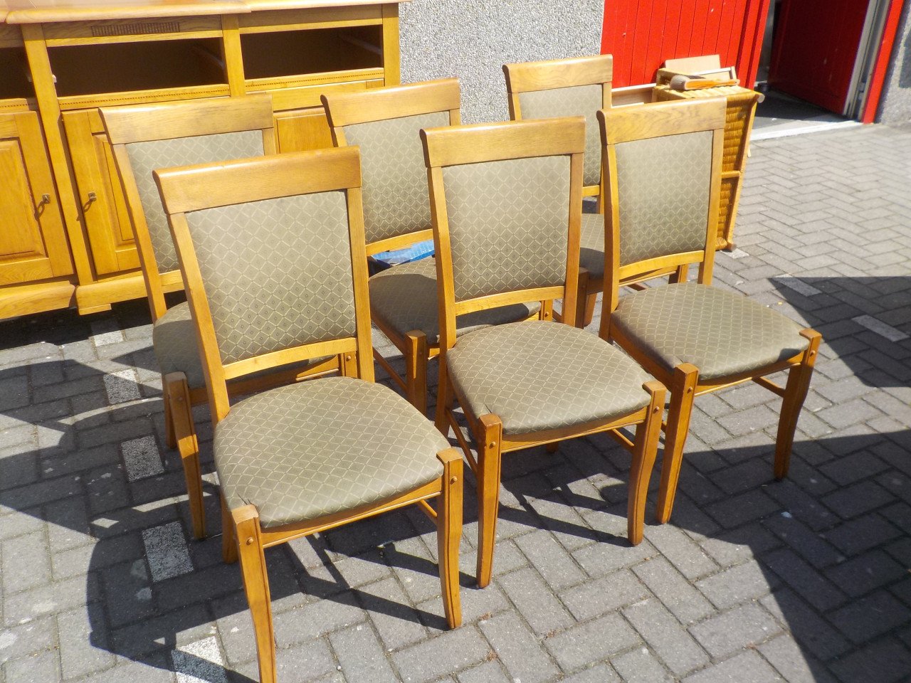 Blank eiken tafel 160 x 85 cm + 6 stoelen in goede tot zeer goede staat