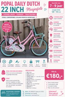 🌸 Popal Daily Dutch Meisjesfiets – 22 inch | Roze / Lichtblauw 💗🩵