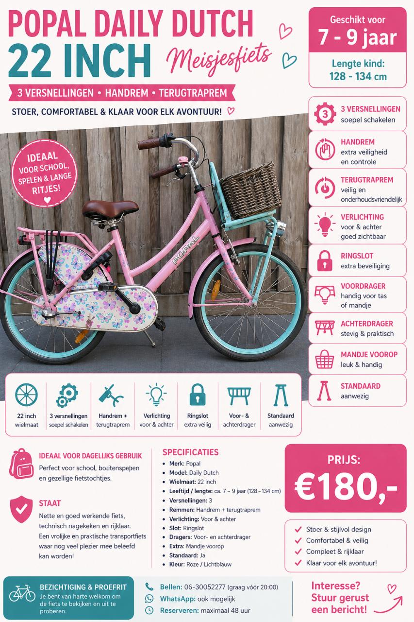 🌸 Popal Daily Dutch Meisjesfiets – 22 inch | Roze / Lichtblauw 💗🩵