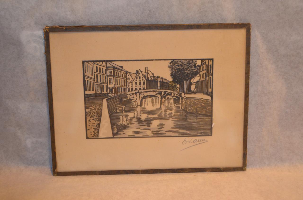 4 Etsjes gesign. ' E. Laun ' (?) dorps / stadsgezichten