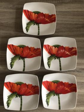 5 vierkante borden met klaproos