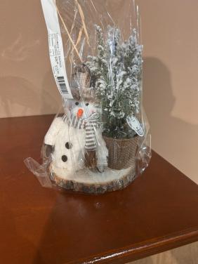 ☃️ Gezellige Wintermagie: Sneeuwpop met LED-Kerstboompje op Houten Stam