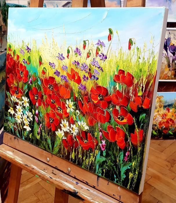 " Flowers in the Meadow "Prachtig Olieverfschilderij van Urszula Lemańska