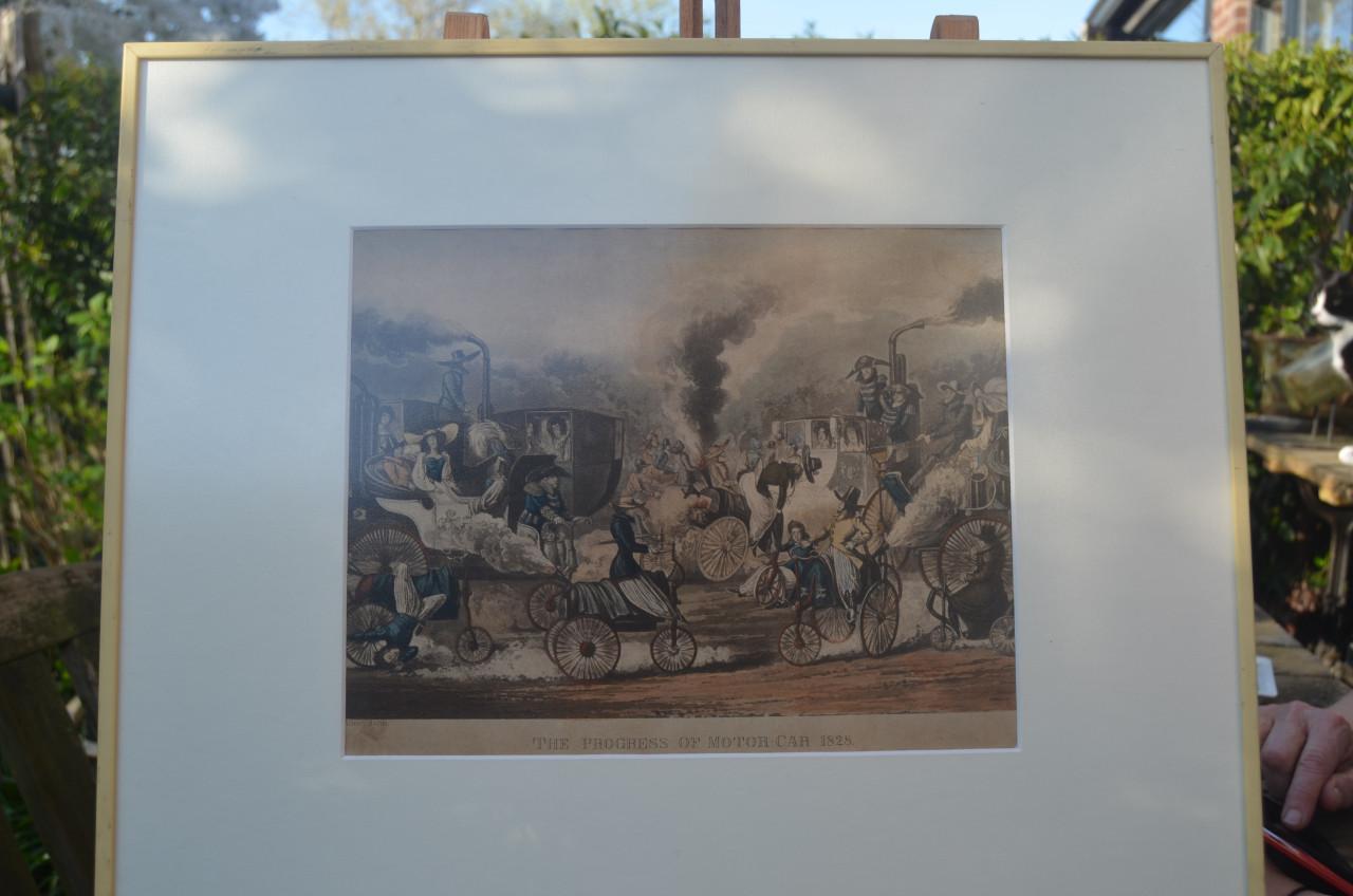 19e E. Engelse gravure:The progress of motor car 1828 Alken