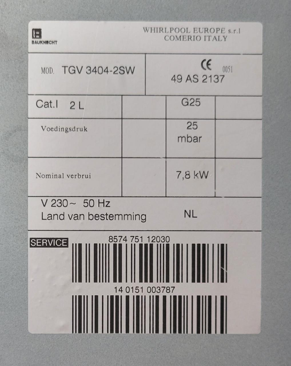 Kookplaat, Bauknecht TGV 3404-2SW