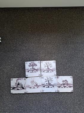 Antieke mangaan tegels / landschapstafereel (6 stuks)